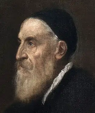 Peinture (fond marron foncé). Gros plan du profil d’un homme barbu, visage tourné vers la gauche et portant une calotte noire.