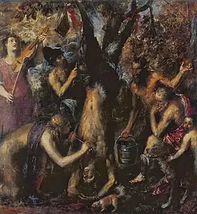 Titien, 1570-76. Le supplice de Marsyas, H. 212  L. 207 cm. Kroměříž, Château archiépiscopal