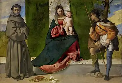 La Vierge à l'Enfant entre les saints Antoine de Padoue et Roch du Titien (v. 1508), musée du Prado, Madrid, Espagne.
