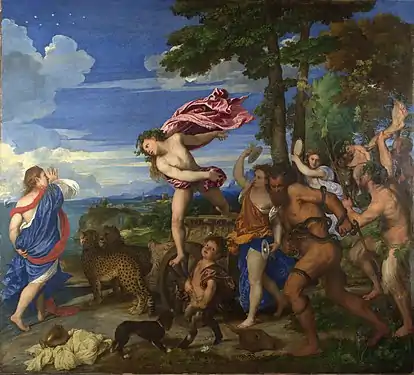 Ariane abandonnée sur l'île de Naxos par Thésée dont le navire s'éloigne sur la gauche. Découverte par le dieu Bacchus qui mène une procession de ménades et de satyres dans un char tiré par deux guépards. Bacchus bondit dans les airs vers Ariane, effrayée, dans l'intention de l'emporter avec lui pour en faire son épouse. Dans le ciel, au-dessus d'Ariane, on voit la couronne que Bacchus vient de jeter et qui est devenu la constellation de la couronne boréale