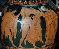 L'enlèvement de Léto par Tityos, amphore attique découverte à Vulci, musée du Louvre