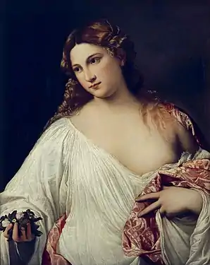 Peinture. Une femme (sur un fond bleu foncé), debout de face, portant un chemisier blanc dont le col, largement ouvert au-dessous de son épaule gauche, dévoile une partie de sons sein gauche.