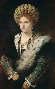 Portrait en buste d'une jeune femme portant une riche robe noire et une écharpe de fourrure.