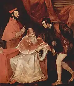 Le pape Paul III avec ses népotes, le cardinal Alexandre Farnèse et Octave Farnèse. Peinture de Titien (1546).