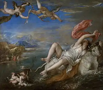 Peinture montrant Europe et Zeus, sous forme de taureau blanc. Des anges survolent la scène.