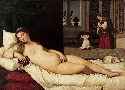 Peinture (huile). Femme nue, couchée sur un lit de repos, cheveux blonds. Au fond, des servantes s'activent