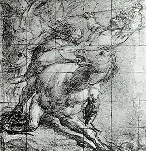 Étude de cheval et de son cavalier. Vers 1537. Craie noire sur papier bleu. 27 × 26 cm. Ashmolean Museum.