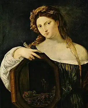 Peinture. Une femme (sur fond noir), debout de face, portant un chemisier de couleur foncée dont le col est largement ouvert au-dessous de son épaule gauche. Elle tient un miroir octogonal dans sa main droite.