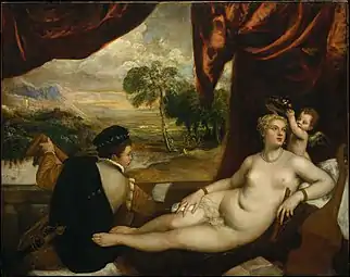 Titien,Vénus et le joueur de luth, (1560), 157 × 205 cm.