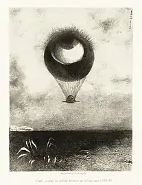 Illustration représentant une montgolfière dont le ballon est un œil immense, qui regarde vers le ciel. La nacelle représente un visage.