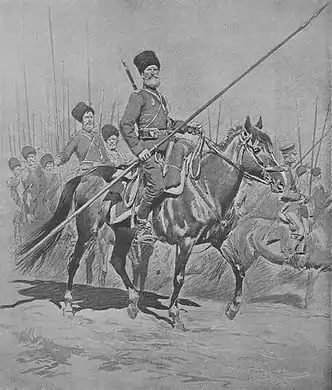 Dessin noir et blanc d'un groupe de cavaliers portant une toque de fourrure sur la tête et une lance au poing.