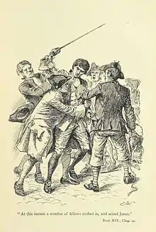 Tom au centre, épée levée, entouré de soldats dont plusieurs l'agrippent.