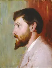 Tableau en couleur d'un visage complètement de profil vers la gauche sur fond blanc et rouge. Cheveux bruns clair et longue barbe, le sujet regarde droit devant lui, vers la gauche.