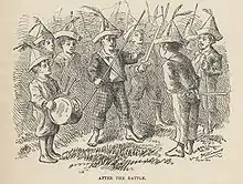 Gamins en cercle, avec chapeaux de papier, piques et épées de bois, l'un tient un tambour.