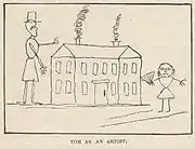 Dessin d'enfant : un garçon, une fillette encadrant une maison à deux cheminées fumant.