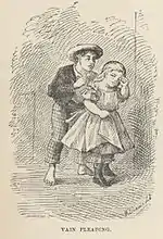 Jeune garçon tentant de consoler une petite fille, vêtements traditionnels et chapeaux.
