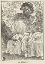 Jeune garçon allongé sur le dos, yeux clos ; au-dessus du lit un ogre noir, couteau brandi, menace sa gorge.