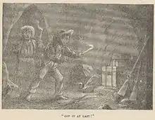 Deux jeunes garçons pieds-nus, avec torches ; contre la paroi divers outils.