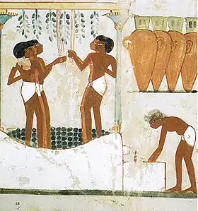 Foulage, premier type de pressurage (fresque du tombeau TT52 de Nakht, en Égypte antique, vers -1400).