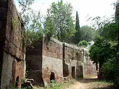Alignement de tombes a dado étrusque de la nécropole de Banditaccia dans le Latium.