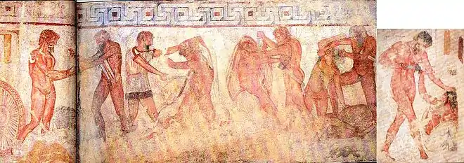 Fresque picturale représentant la « Scène de la Libération de Celio Vibenna ». Le second personnage en partant de la gauche figurerait Servius Tullius, dit « Macstrna »,.