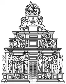 Image d'un croquis en noir et blanc d'un mausolée à plan d'étage rectangulaire en forme de pyramide à degrés sur trois étages.