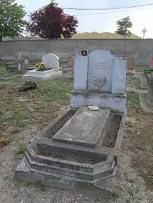 Vue d'une tombe en béton. La stèle porte le nom Boughéra El Ouafi et les dates 1903 et 1959. Dans le coin supérieur droit de la stèle, on repère un croissant islamique.