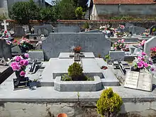 Une tombe familiale dans un cimetière, ornée de plaques funéraires et de fleurs.