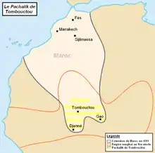 Carte du Pachalik de Tombouctou (rayures jaunes) des Saadiens (entoure en noir) au sein de l'empire Songhai (entoure en rouge) en 1591.