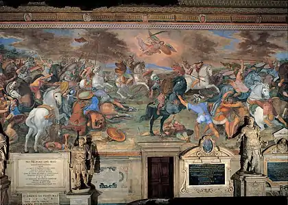Peinture avec des couleurs vives, désormais légèrement ternies, représentant un affrontement désordonné avec des combattants à cheval et des soldats de l'infanterie.