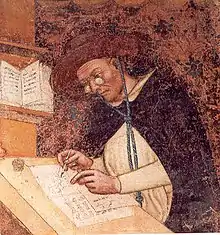 Dignitaire dominicain (Hugues de Saint-Cher) portant des lunettes pour la lecture, par Tommaso da Modena (1352), Trévise
