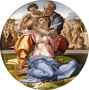 Tableau de la Vierge assise tenant Jésus avec Joseph derrière