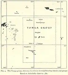 Vue d'une carte indiquant les principales îles des Tonga.