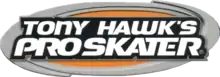 Logo du jeu Tony Hawk's Pro Skater. La photo représente une forme ovale de couleur orange avec un contour gris en fond et au premier plan le titre du jeu sur deux lignes.