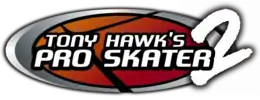 Logo du jeu Tony Hawk's Pro Skater 2. La photo représente une forme ovale de couleur marron en fond et au premier plan le titre du jeu sur deux lignes. Le chiffre deux dépasse largement sur la droite de la planche.