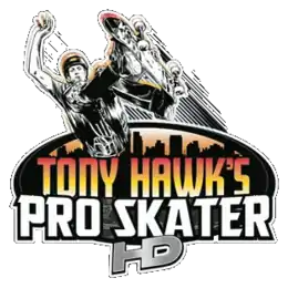 Tony Hawk's Pro Skater est inscrit sur deux lignes sur un fond ovale comportant la ligne d'horizon d'une ville avec beaucoup d'immeubles. En bas, HD dépasse de l'ovale et au dessus de l'ovale un skater exécute une figure.