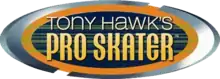 Logo du jeu Tony Hawk's Pro Skater. La photo représente une forme ovale de couleur marron en fond et au premier plan le titre du jeu sur deux lignes.