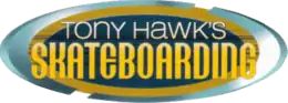 Logo du jeu Tony Hawk's Skateboarding. La photo représente une forme ovale de couleur bleu et grise en fond et au premier plan le titre du jeu sur deux lignes.