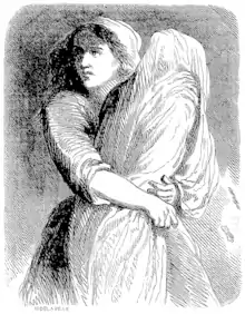 Dessin montrant Jeanne serrant dans ses bras le linceul qui enveloppe le cadavre de sa mère.