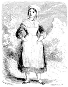 Dessin montrant une jeune femme en robe avec une coiffe blanche de paysanne, les mains sur les hanches.