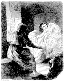 La nuit dans une chambre du château de Boussac. Jeanne, assise près de l'embrasure de la fenêtre, discute avec Claudie qui, allongée au lit, a une expression apeurée.