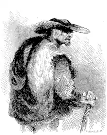 Portrait de profil de Raguet avec son habit de paysan, un large chapeau, une veste, les mains refermées sur son bâton, l'air patibulaire.