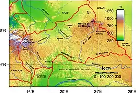 Carte topographique de la République centrafricaine avec le massif de Yadé à l'ouest, à cheval avec le Cameroun.