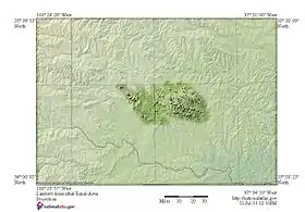 Carte topographique du Sud-Ouest de l'Oklahoma avec les montagnes Wichita en surbrillance.