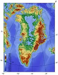 Carte des terres du Groenland, en retirant la couche de glace.