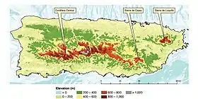 Topographie de Porto Rico : la sierra de Cayey est située au sud-est de la cordillère Centrale.