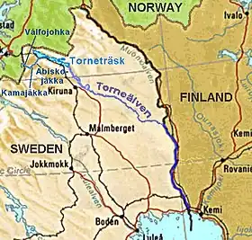 Carte géographique de la frontière entre la Finlande et la Suède.