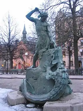 Statue illustrant la pêche de Thor, à Stockholm (1903).