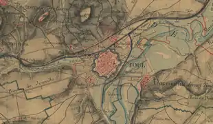 Plan de Toul en 1866 avec position de l'abbaye au Sud-Ouest.