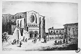 Basilique Saint-Sernin et collège Saint-Raymond reliés par l'arc du Peyrou en 1760. Dessin de Pierre Joseph Wallaert.